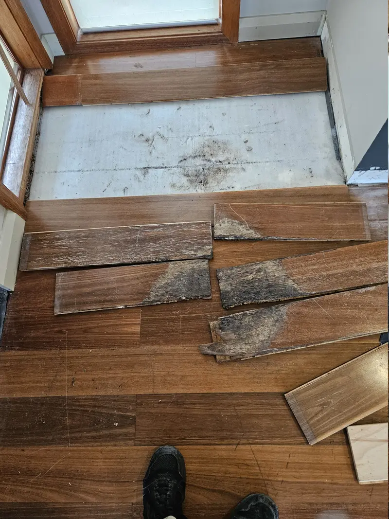 Before: damaged floorboards pulled up near a doorway