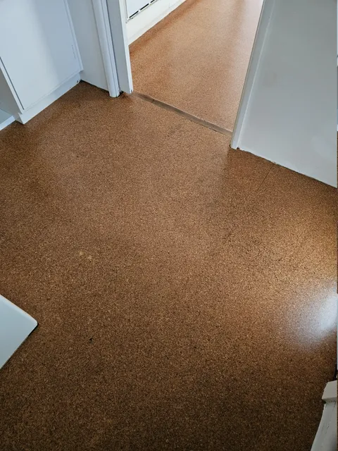 Freshly finished cork tile floor in a hallway